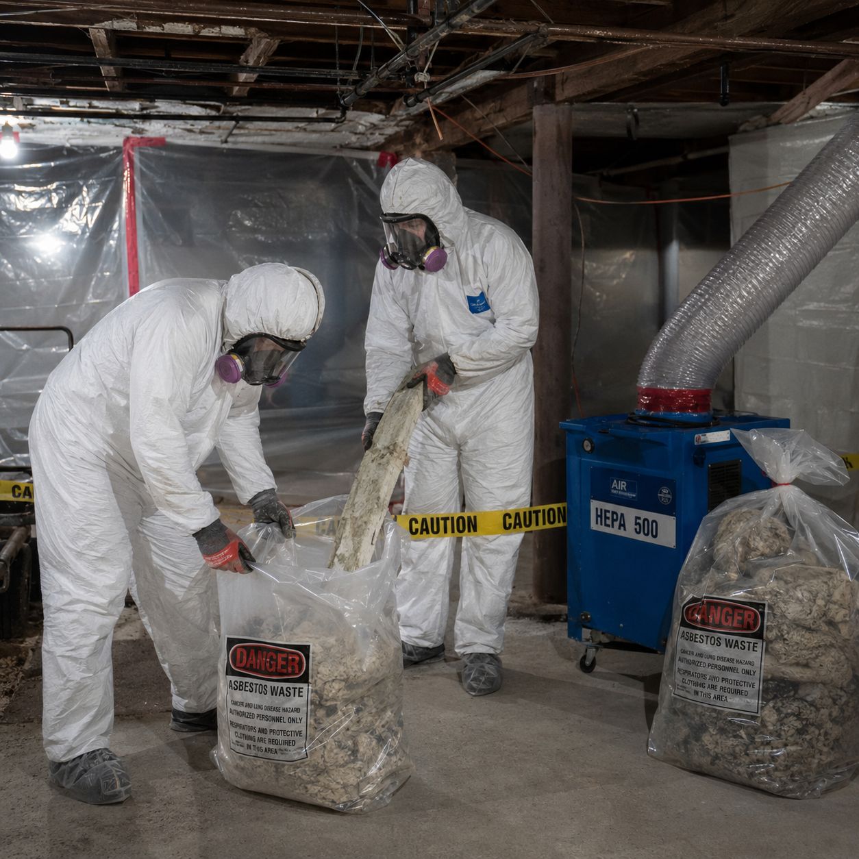 Certified technicians removing asbestos waste in containment zone with HEPA air filtration