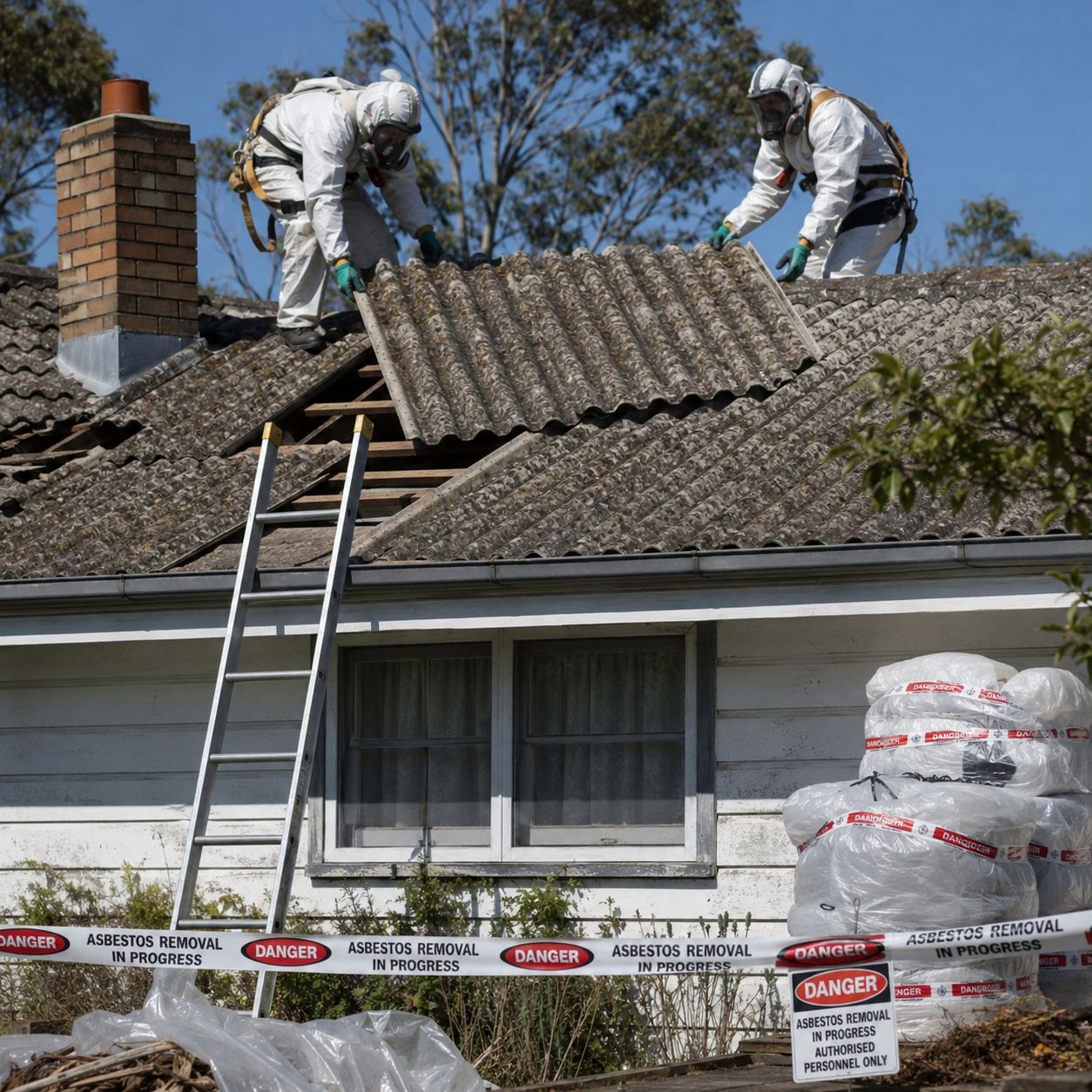 Licensed asbestos removal team removing asbestos roof tiles with full protective equipment