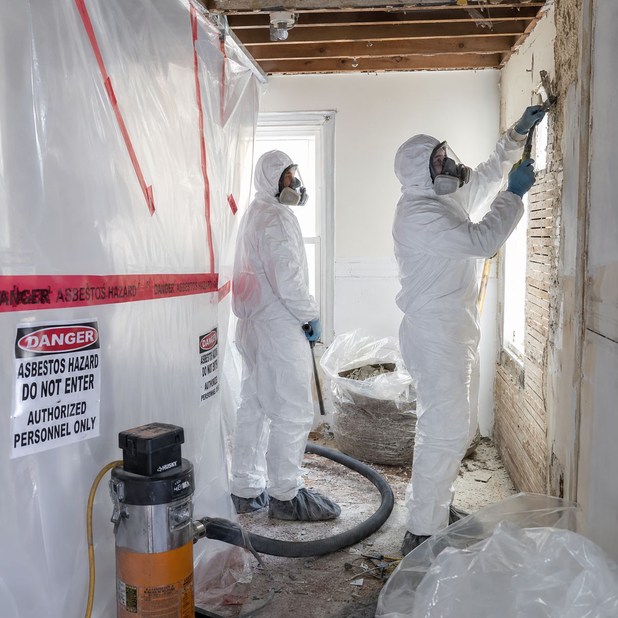 EPA certified asbestos abatement specialists working inside containment barrier